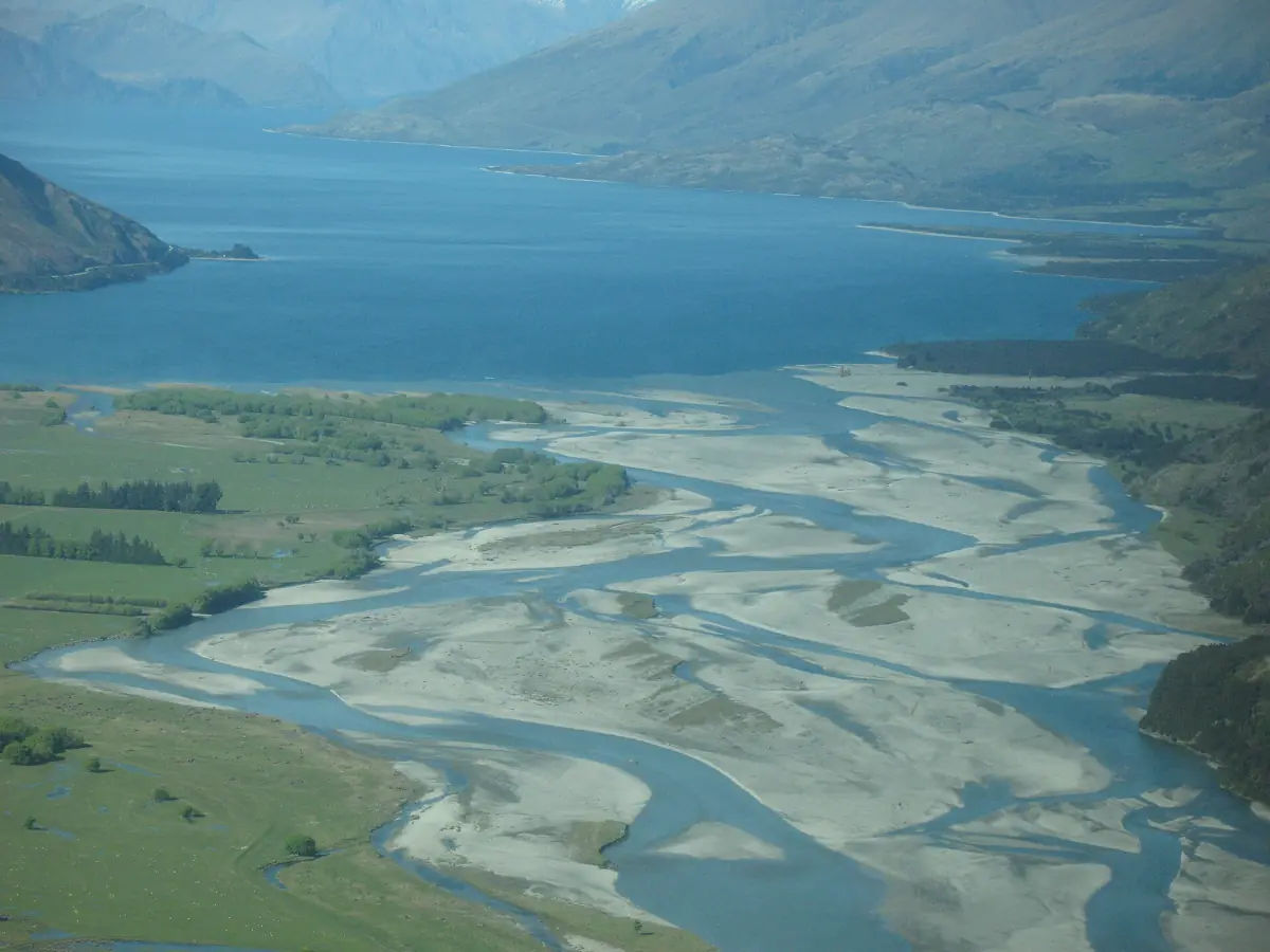 The Makarora River flowing into Lake Wanaka from above