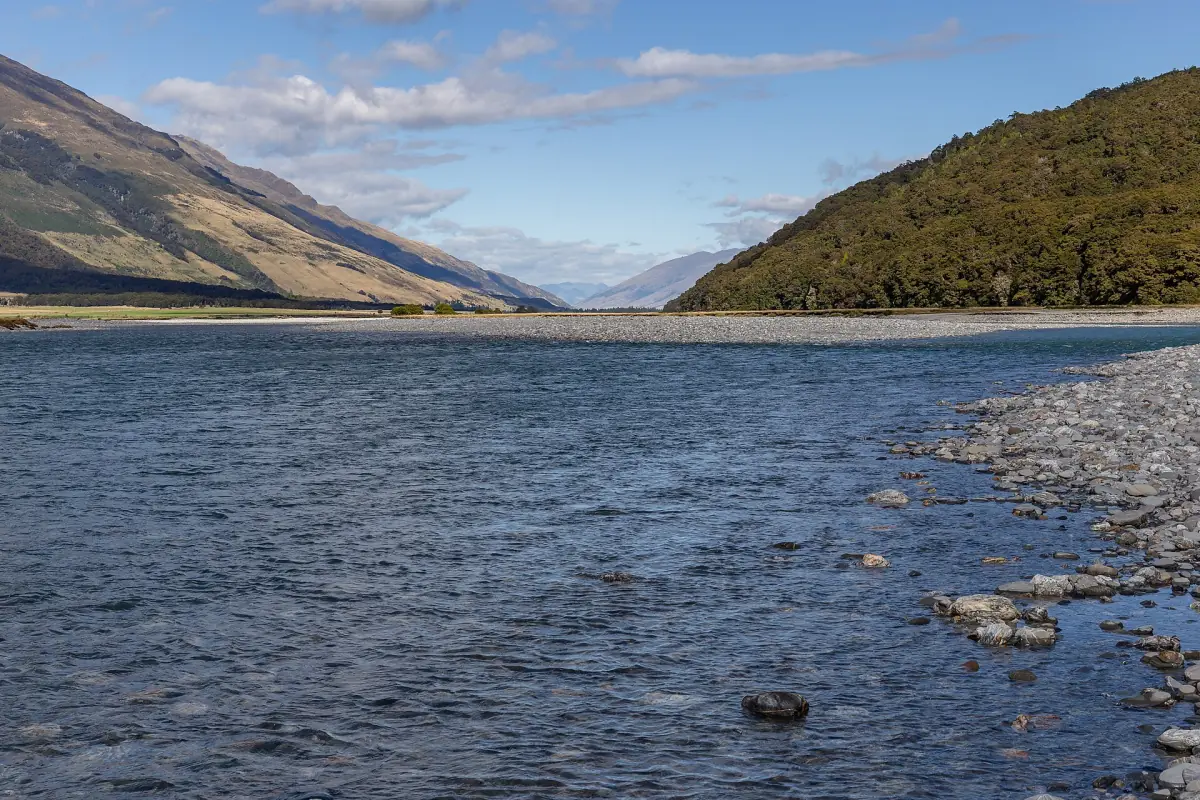 The wide Makarora River near Lake Wanaka